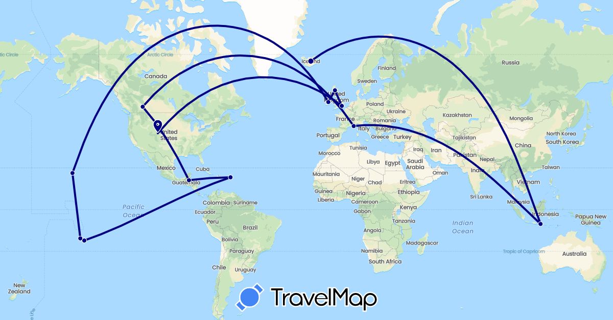 TravelMap itinerary: driving in Saint Barthélemy, Belize, Canada, France, United Kingdom, Indonesia, Ireland, Iceland, United States, British Virgin Islands (Asia, Europe, North America)